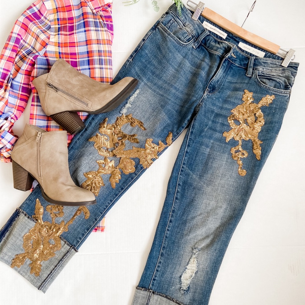 🆕 NWOT Anthro Pilcro Hyphen Cropped sequin Jean - Picture 1 of 7